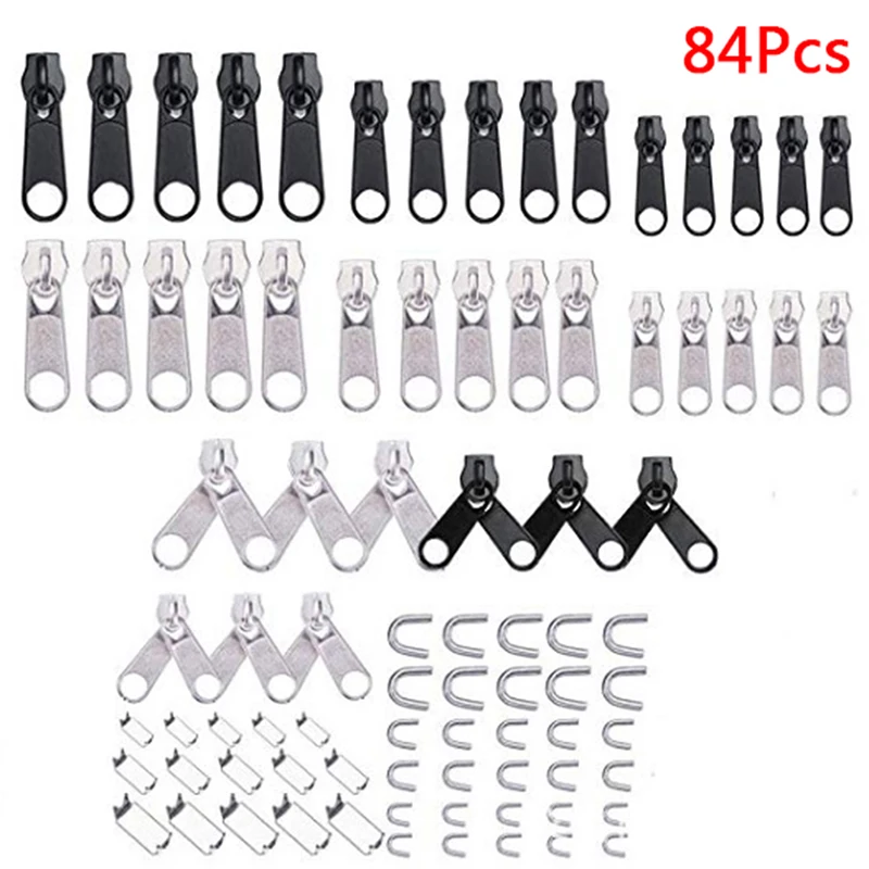 84Pcs Replacement Zipper Repair Kit Easy Pull Metal Zipper Heads Install For Jeans, Jackets, Coats, Skirts And Slacks