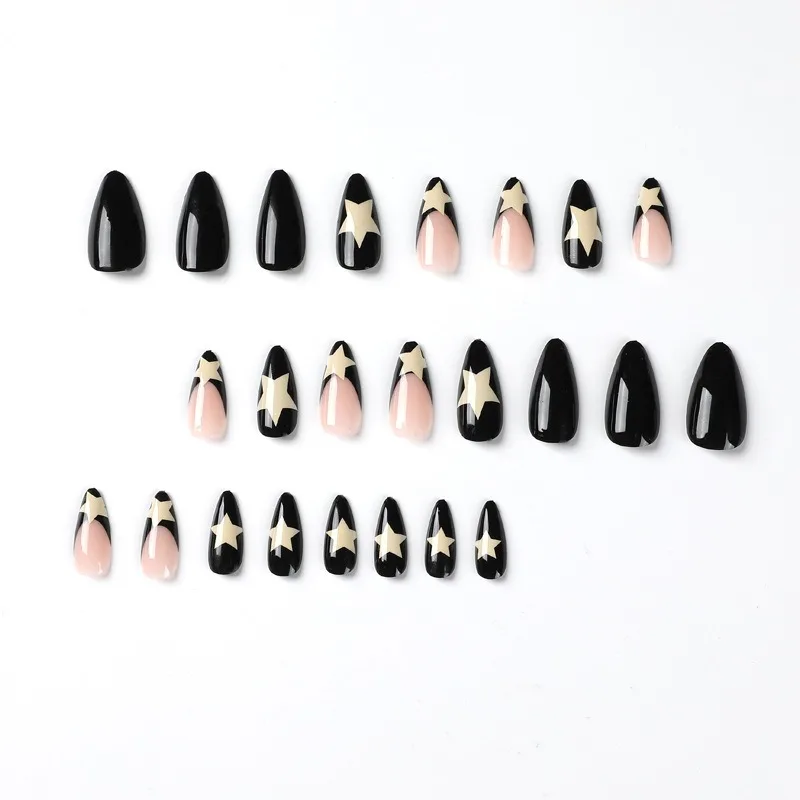 24pcs Medium To Long French Apricot Black Border Milky White Pentagram Fake Nails Cute Retro Geometric Fake Nails for Women Girl