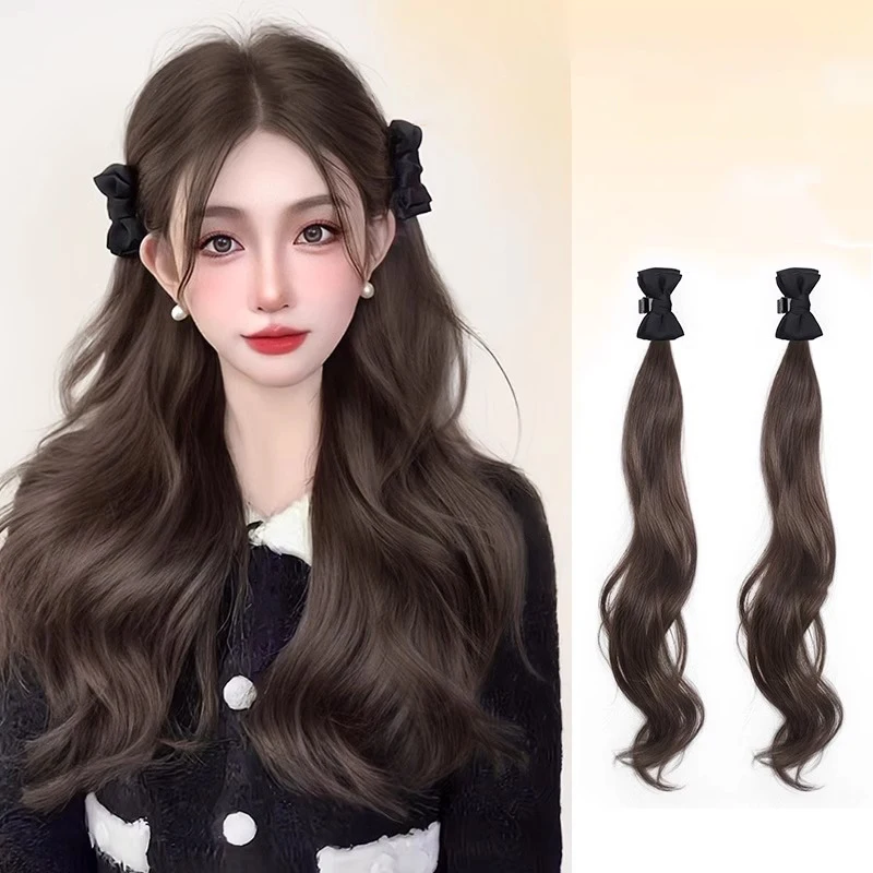 2 uds banda de goma elástica sintética cola de caballo dulce chica negro largo rizado cola de caballo extensión de cabello peluca resistente al calor