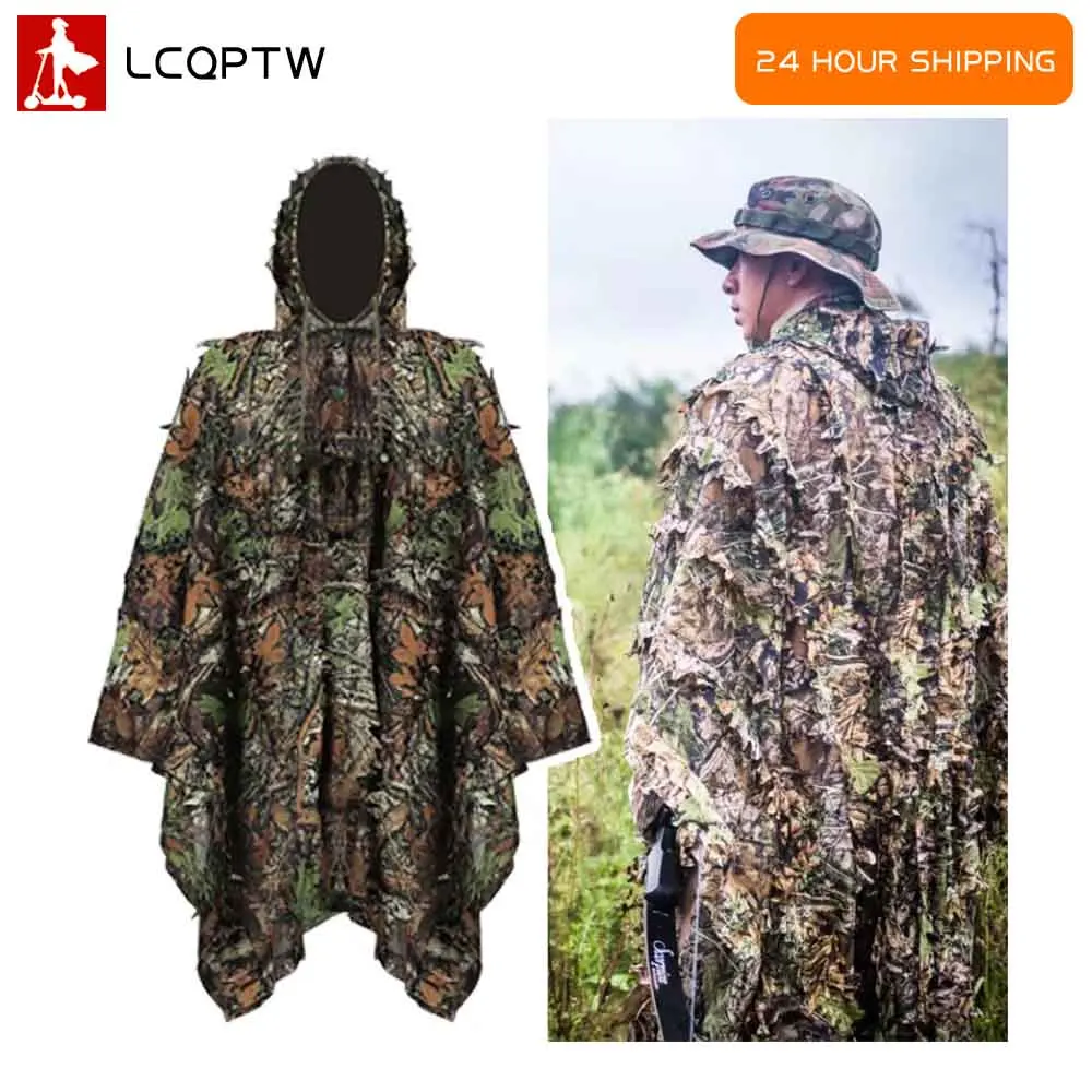

3D листья камуфляж лесной тактический пончо плащ маскировочные костюмы для охоты и стрельбы дикая природа часы с птицами уличное снаряжение
