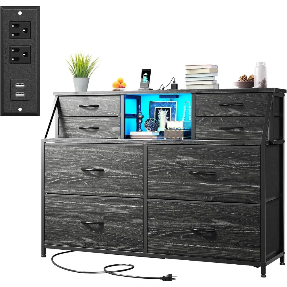 

Dresser for Bedroom with Power Strip & LED, 8 Drawers Dresser with Extra 2 Open Shelves for Organization, Small Chest of Drawers