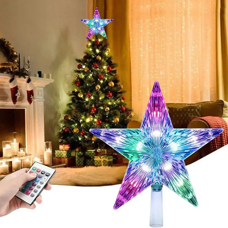 2025 Nieuwjaar Decoratie Slinger Kerstverlichting Usb Aangedreven 22Cm Rgb Led Vijfpuntige Ster Kerstboom Toplichten Met Afstandsbediening