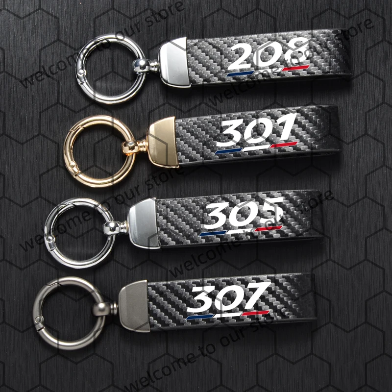 1PCS For Peugeot 208 301 305 307 French Tricolor Logo Carbon Fiber Textured Leather Car Keychain Horseshoe Buckle Key Chain