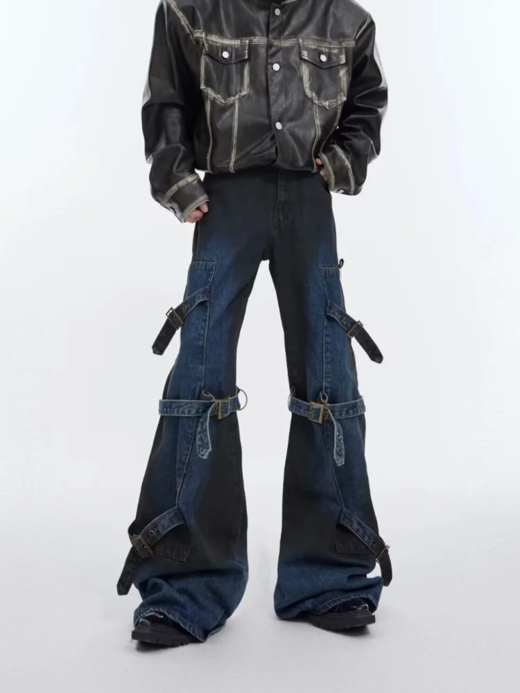 2026 Dark Y2K Streetwear Jeans mit Riemen-Design, Blaue Baggy Flare Jeans für Herren, Hip-Hop Punk Gothic Denim-Hosen, Vaqueros – Detail 11