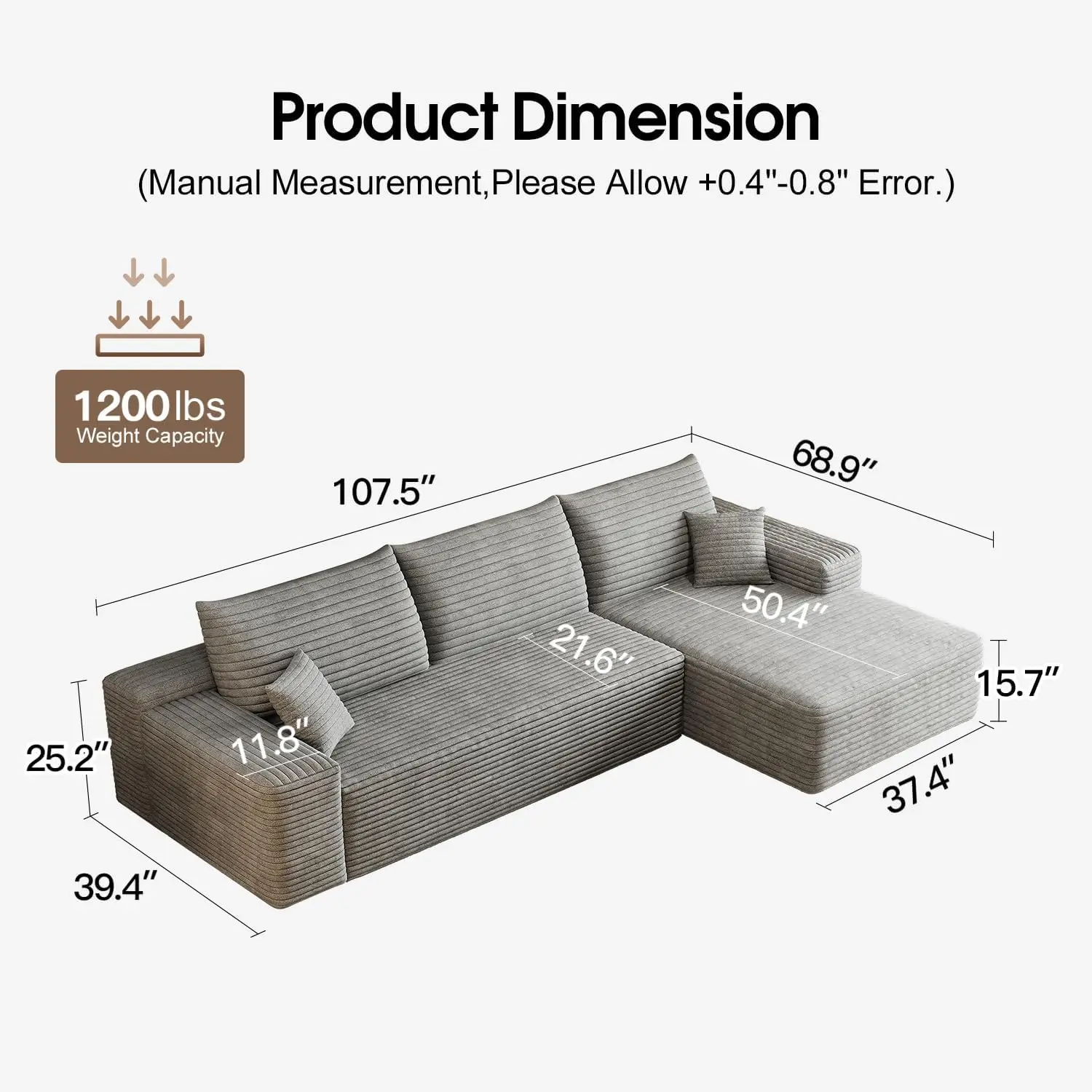 Sofá seccional moderno en forma de L de pana deshuesada con asiento profundo y chaise - No necesita montaje, comodidad en la nube, diseño modular