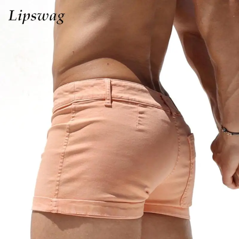 Fashionable Mens Slim Shorts Sexy Seaside Beach Summer Vacation Casual Shorts For Men Casual Solid Color Buttoned Zipper Shorts