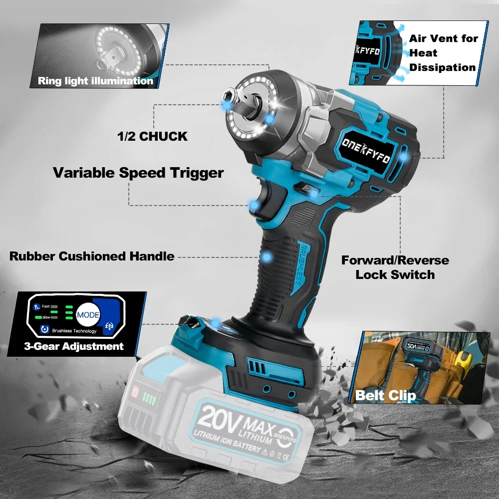 500N.M Brushless Electric Impact Wrench 1/2 Inch Cordless Electric Wrench Screwdriver Power Tools for Makita 18V Battery