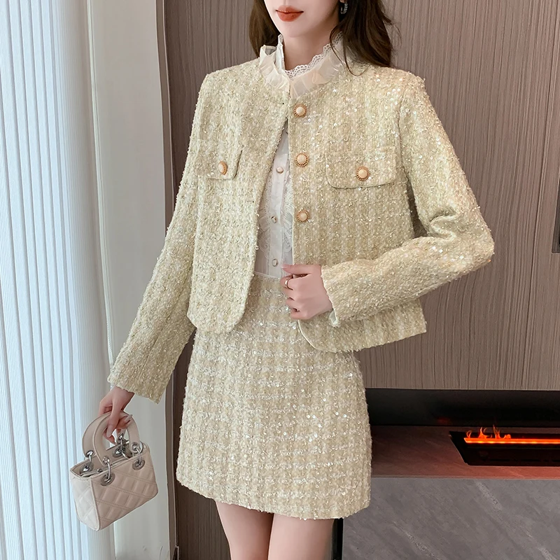 High Quality Autumn Tweed Two Piece Set for Women Sequin Shiny Jacket Coat + Mini Skirt Suits Streetwear Woolen Office Outfits