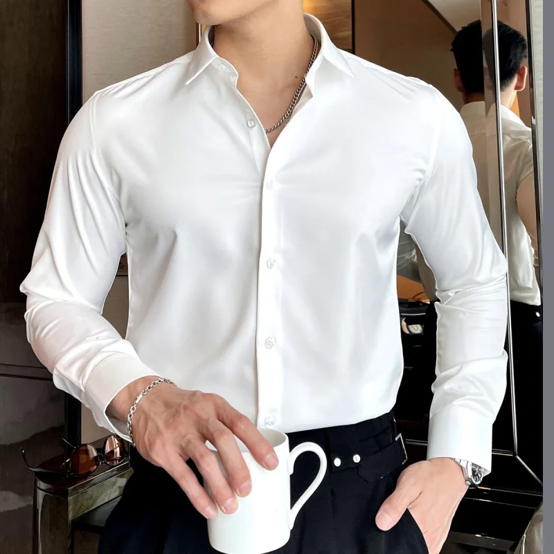 2023 New Spring and Autumn Business Casual Polo Neck Elastic Long Sleeves Inner Wear with No Iron Fit British Formal Shirt Trend