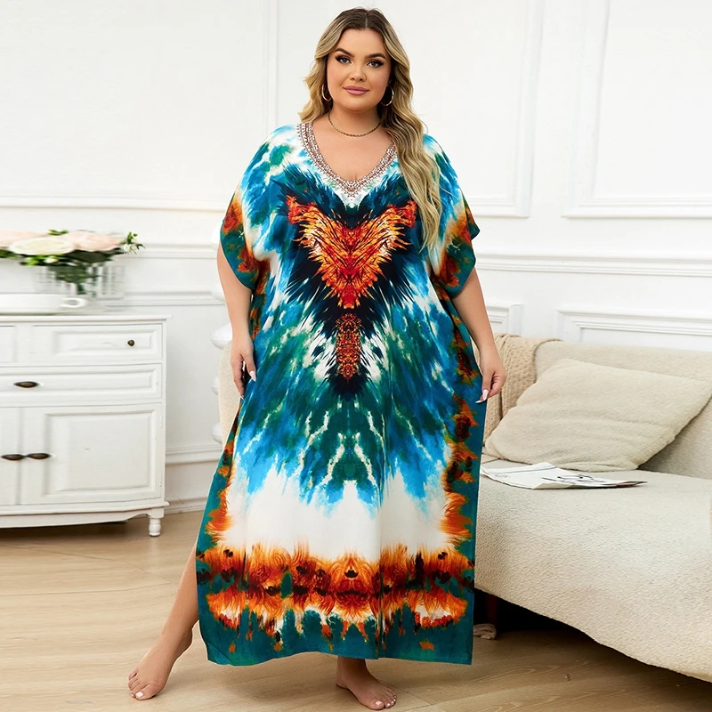 Phoneix Print Kaftan Plus Size Maxi Dress Lounge Wear Boho Chic Vibrant Tribal Vibe Women Caftan Ethnic Island Beach Cover Ups