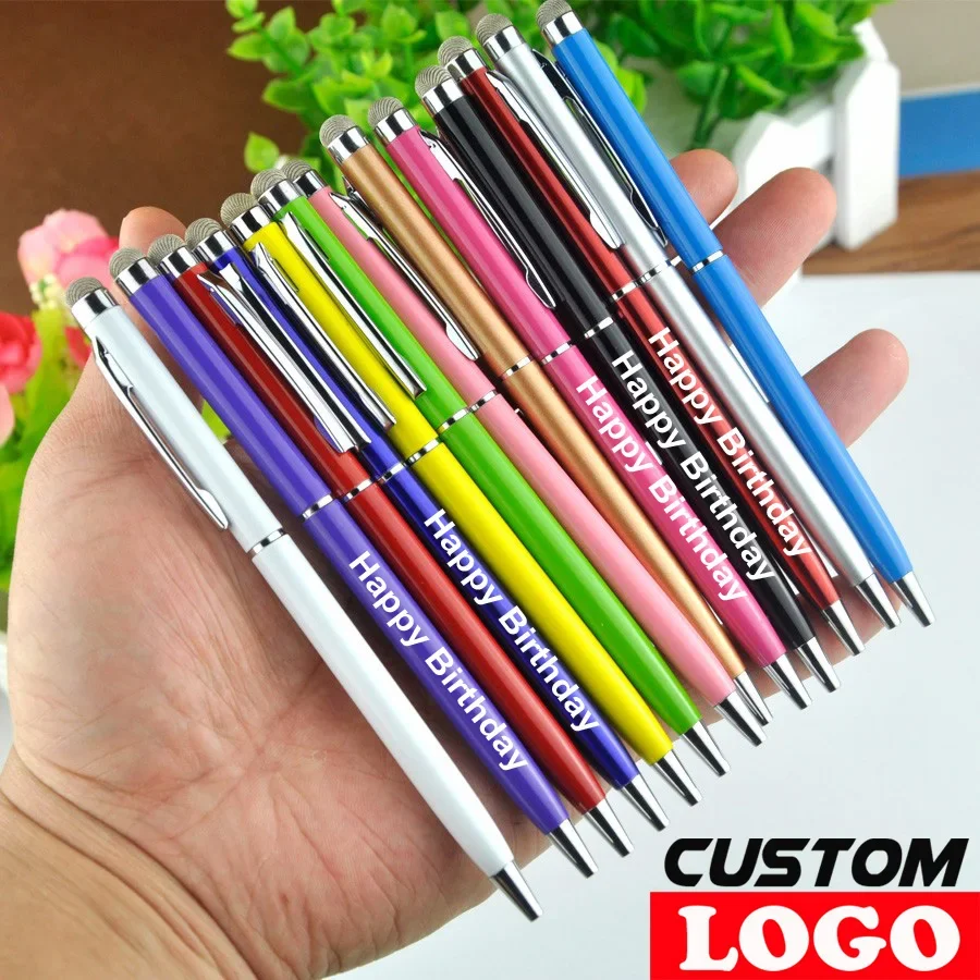 100pcs-lot-13-colors-black-blue-ink-roller-metal-ballpoint-pen-07mm-2in1-fiber-point-stylus-gift-for-iphone-free-custom-logo