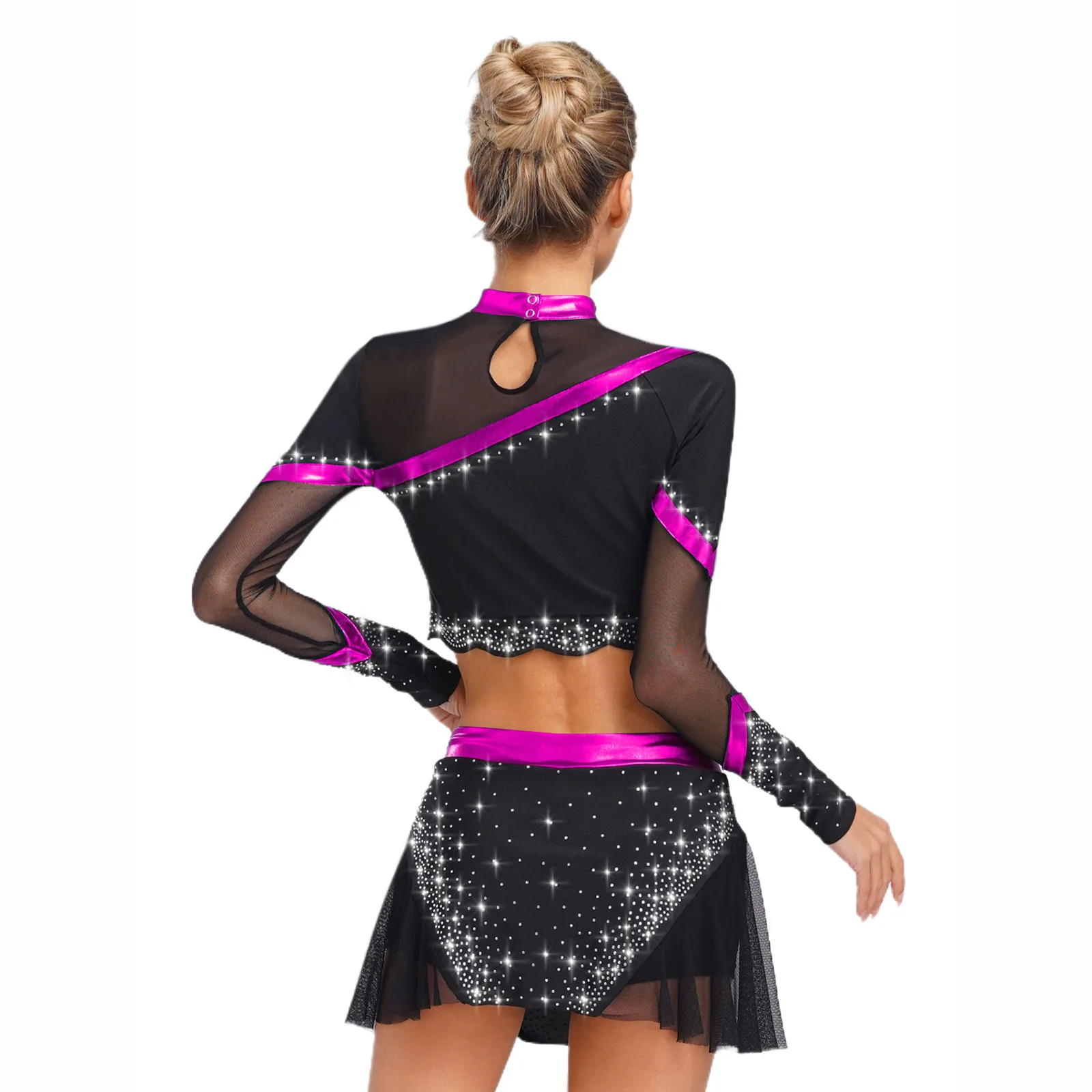 Sexy Rhinestone Cheerleading Uniform Outfits Women Dance Performance Cheerleader Costume Long Sleeve Crop Tops+Mini Skirt Set