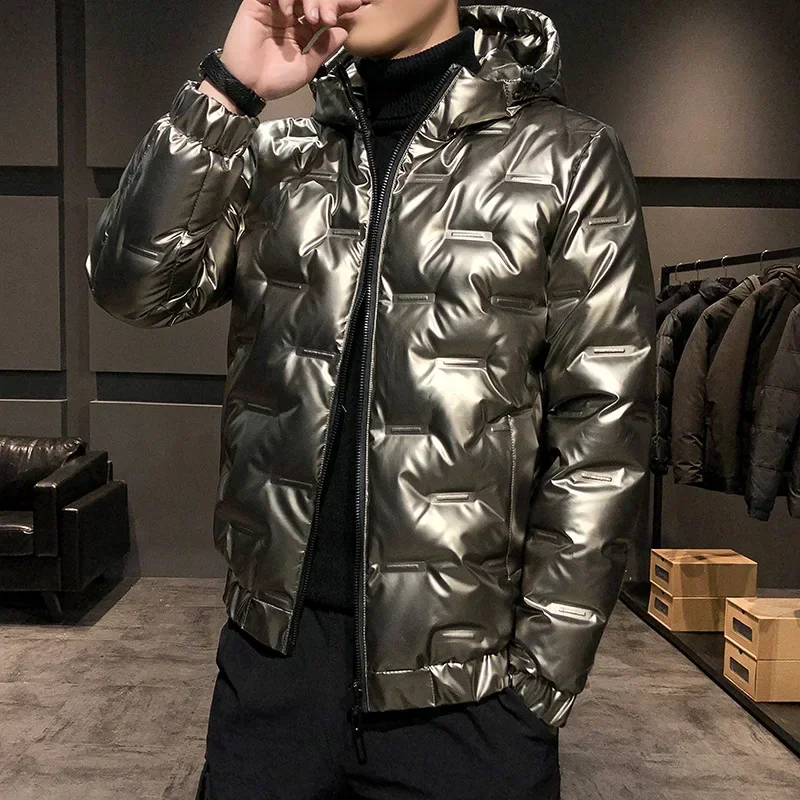 Men\'s Shiny Down Parka Coats Windbreaker Youth Casual Slim Hooded Puffer Jacket Male Winter Warm White Duck Down Jackets Outwear