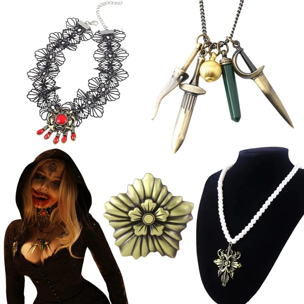 Village Bela Lady Dimitrescu Cosplay Necklaces Costume Props Game Resident Lace Flowers Collar Brooch Pins Halloween Women Gifts