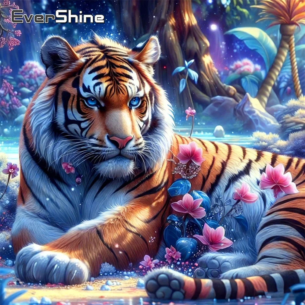 EverShine Diamant-Gemälde mit Tiermotiv, quadratisch, mit Strass-Mosaik, Tigerbild, Kirschblüten-Dekor für Zuhause