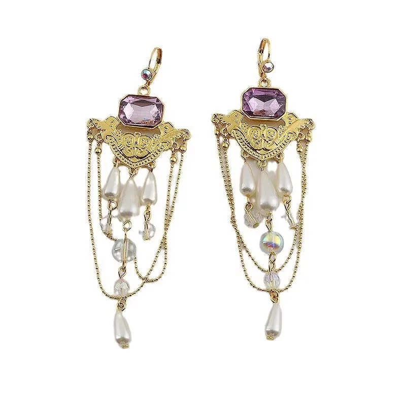 

New Chinese antique gold fringed pearl earrings female bride New Year's long earrings