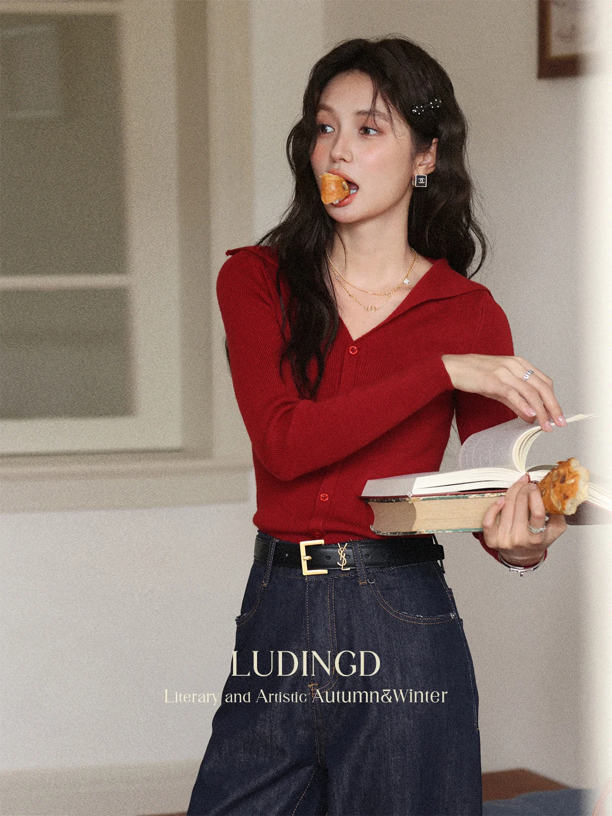 ALXNAN Sweater Hoodie V-neck Merah Ukuran Besar Wanita Lengan Panjang Slim-fit Rajutan Sweater Musim Gugur Musim Dingin 2025 Atasan Rajut D12561