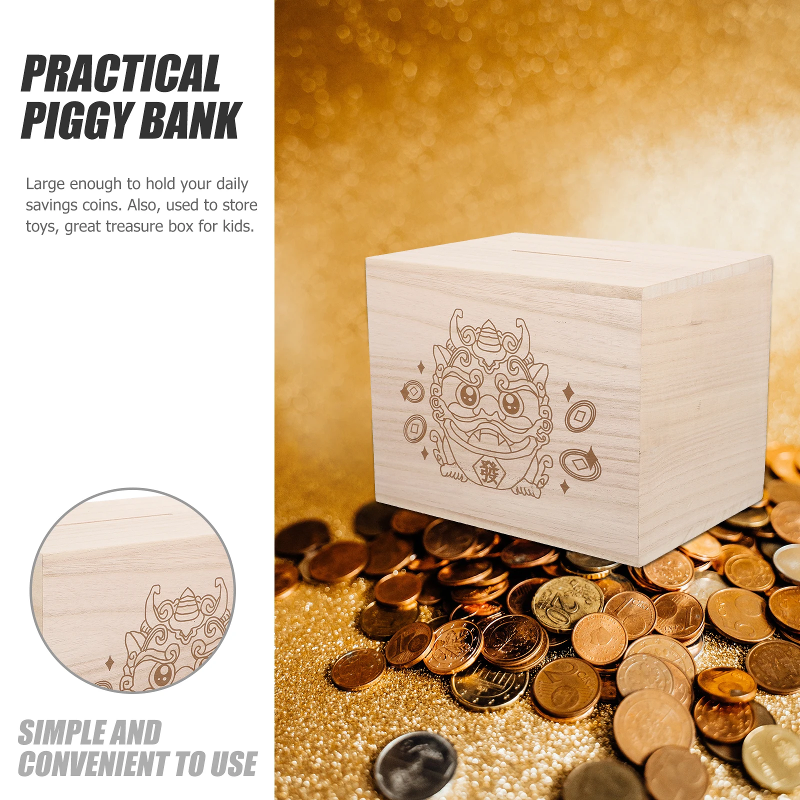 

Wooden Piggy Bank Saving Money Box Large Vintage Style Coin Storage Jar for Room Office Only Save Piggy Bank