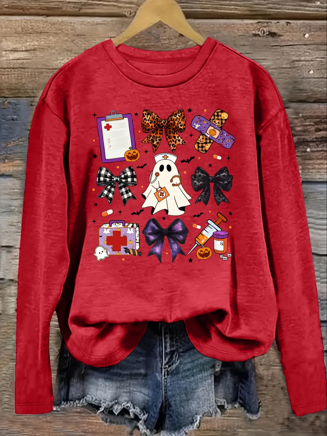 Women's Casual Long Sleeve Crew Neck T-Shirt Halloween Nurse Ghost Bow Prints Design, Round Neck Women's Clothing, Machine Washable, Slightly Elastic, Loose Fit, Spring Autumn Winter Women's T-Shirt, Halloween Costume Outfit view 4