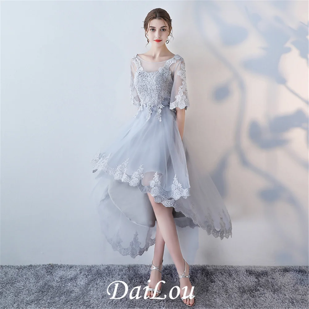 

A-Line Tulle Lace Asymmetry Scoop High Low Half Sleeves Lace-Up Homecoming Dress With Appliques And Lace