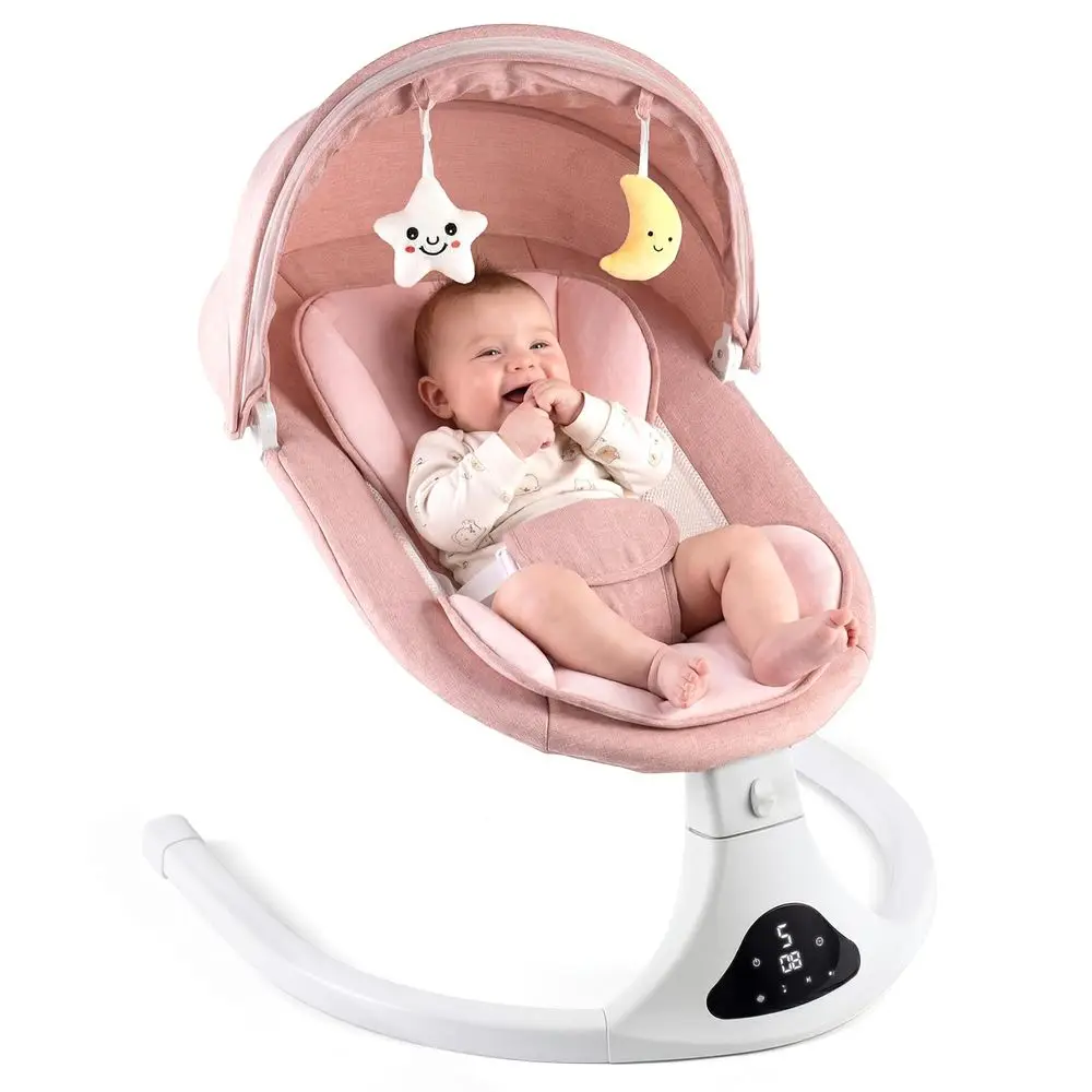 Electric Baby Swing with Remote Control,5 Speeds&Portable&Cozy(0-12M,Pink) | Saety lock&secure harn,12 melodies&Bluetooth,8/15/3