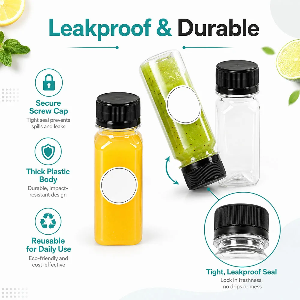 2oz 60ml Shot Bottles with Caps Reusable Juice Bottles Empty Plastic Drink Containers for Ginger Shots, Milk, Wellness Beverages
