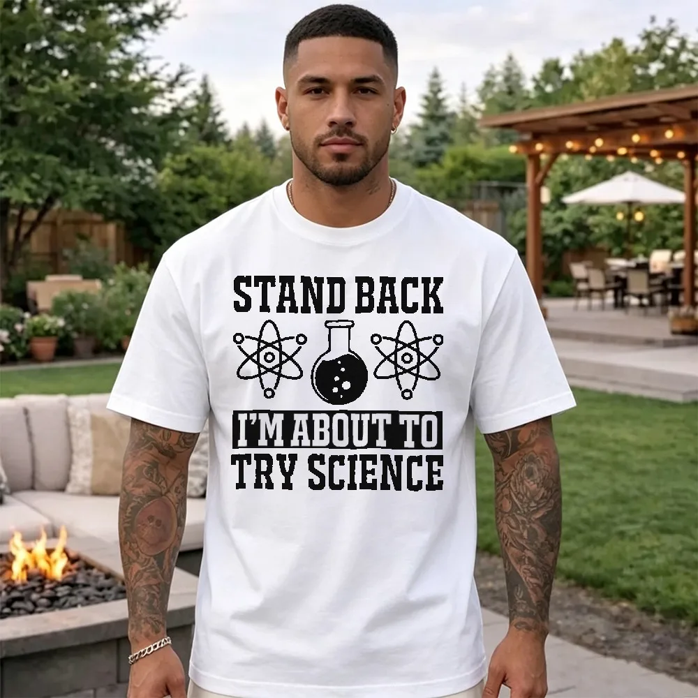 Stand Back I'm About To Try Science T Shirt Men Vintage Distressed Atom Beaker Lab Graphic Tee Science Teacher Geek Gift Tops