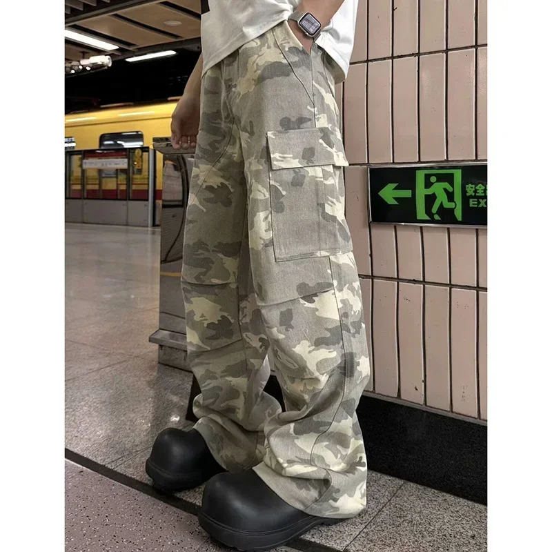 ファッションハイストリート多用途痩身ハイウエストカジュアルパンツ 2025 新しい男性迷彩大ポケット高品質カーゴパンツ