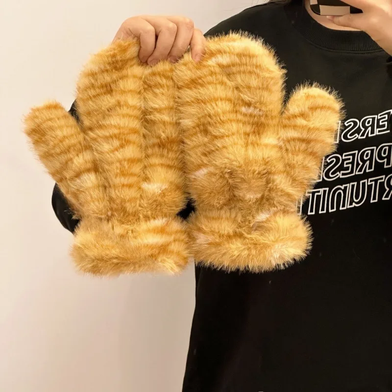 Plush Tiger Pattern Warm Gloves, Women's Cute Winter Wool Thickened Student Cycling Anti Cold Cartoon Multifunctional Trend