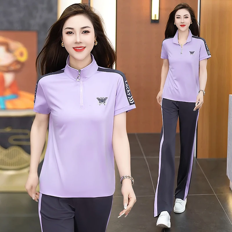 

Faionable Casual Sportswear Set Women Summer 2025 New Stand Collar ort Sve Straight Leg Pants Two Piece Trendy Outfit