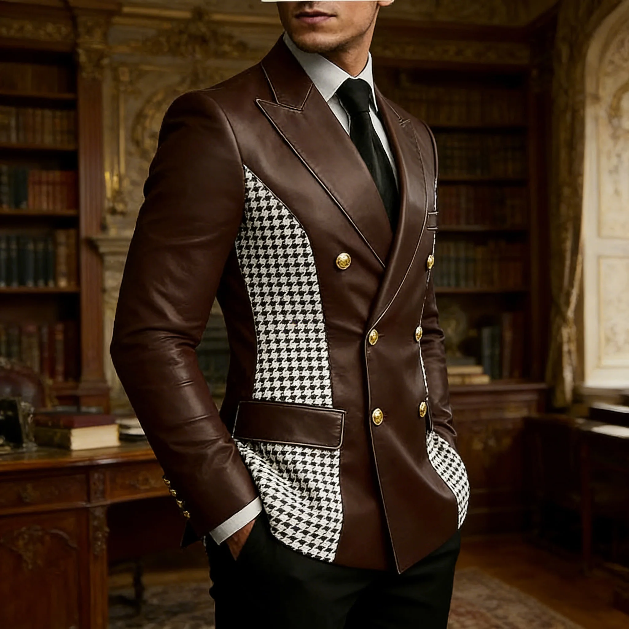 Men’s Brown Leather Blazer With Houndstooth Sides Vintage Two-Tone Double Breasted Slim Fit Gold Buttons Leather Tuxedo Jacket