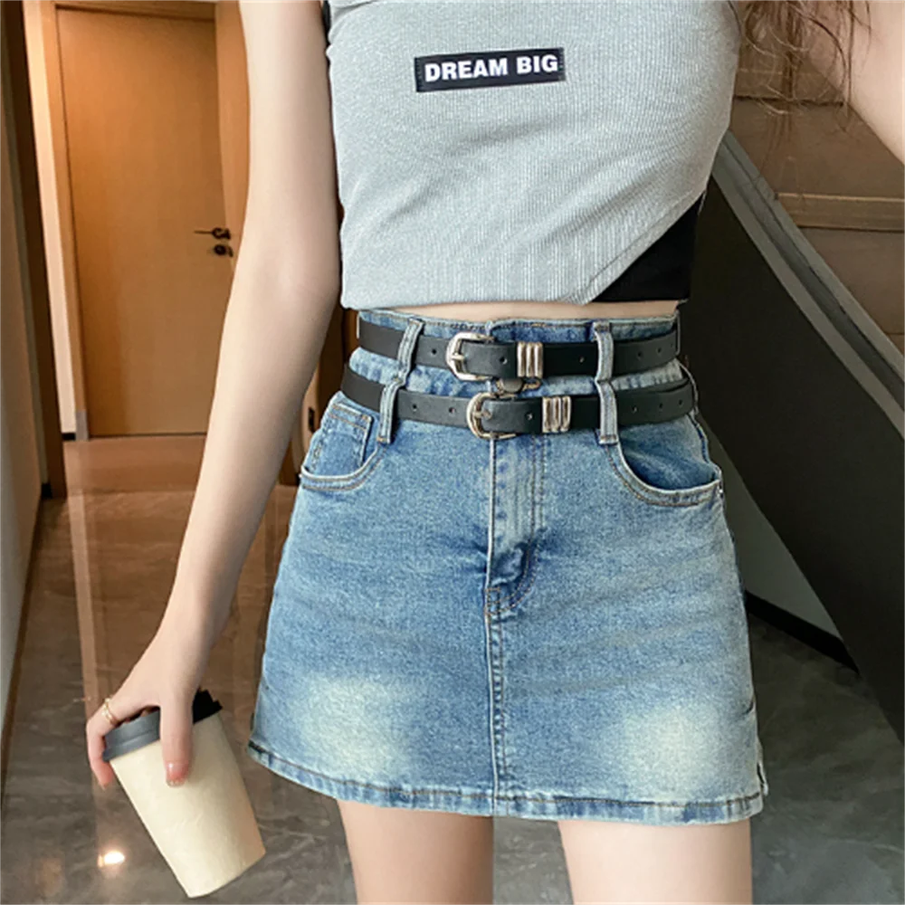 

Retro high-waisted denim skirt belt female girl short skirt A LINE stretch jeans