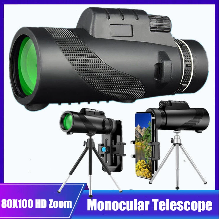 80X100 HD Professional Monocular Telescope Phone Camera Zoom Starscope Tripod Telescope Phone Clip For Outdoor Camping Accessory