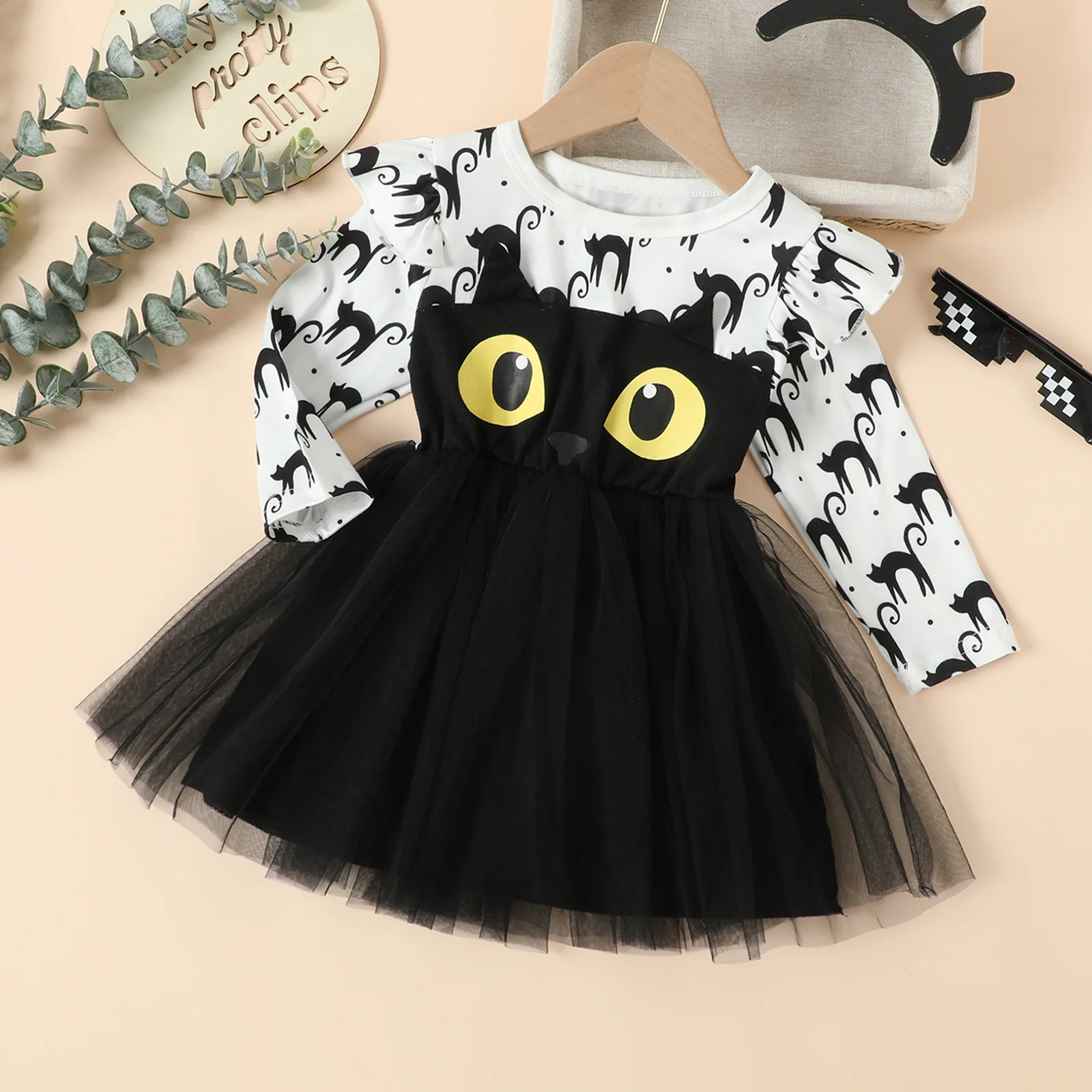 Halloween européen américain enfant Costume fille automne robe à manches longues dessin animé chaton noir imprimé Tulle enfants robe de princesse