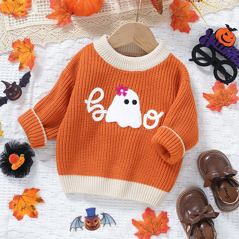 長袖ラウンドネックセーター、ニットトップス、文字刺繍、赤ちゃんと幼児のためのハロウィーンセーター