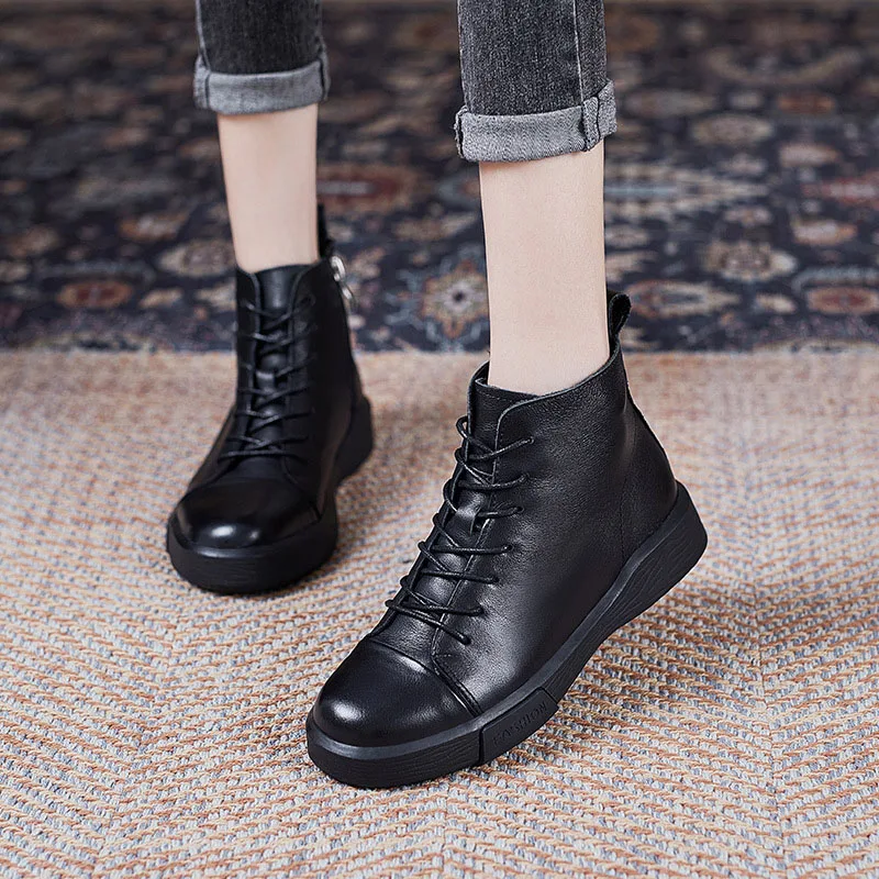 DRKANOL 2025 Fashion Women Flat Ankle Boots 100% Cow Genuine Leather Round Toe Autumn Winter Warm Casual Short Boots Black Brown - view 6