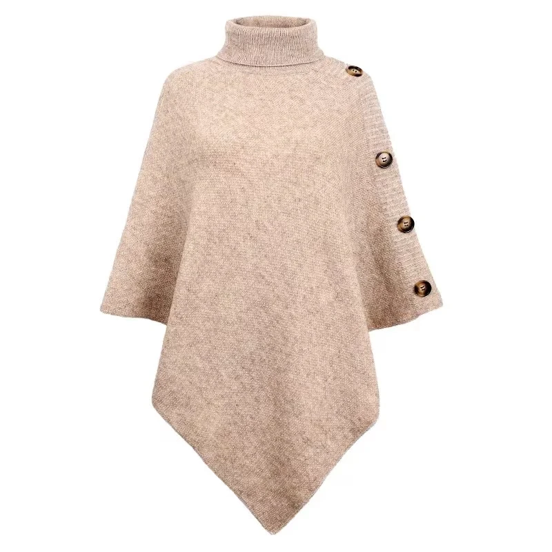 Fashion Autumn Winter Button Poncho Women Sweater Oversized Turtleneck Jumper Knitwear Holiday Vintage Cape Sleeve Khaki Cloak