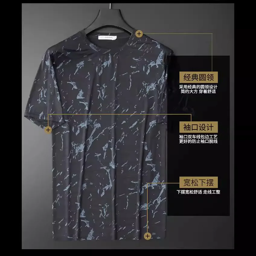 Men's Summer Ice Silk Set,Print T-Shirt Shorts Large Size Loose Fit Casual Sportswear,Round Neck Feel Short Sleeve Outfit