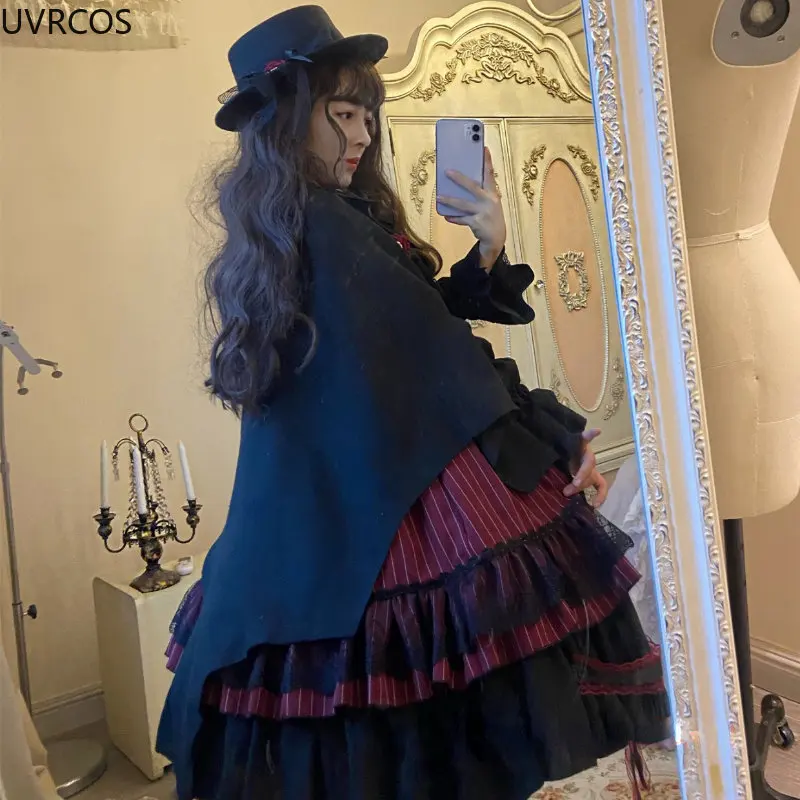 Victorian Gothic Lolita Jsk Dress Women Halloween Y2k Bat Collar Shirt Woolen Princess Dresses Vintage Punk Harajuku Party Dress
