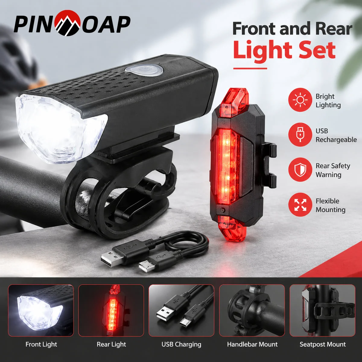 PINMOAP USB Rechargeable Bike Front and Rear Light Set Detachable Safety Warning Lights for MTB Road Commuter Cycling