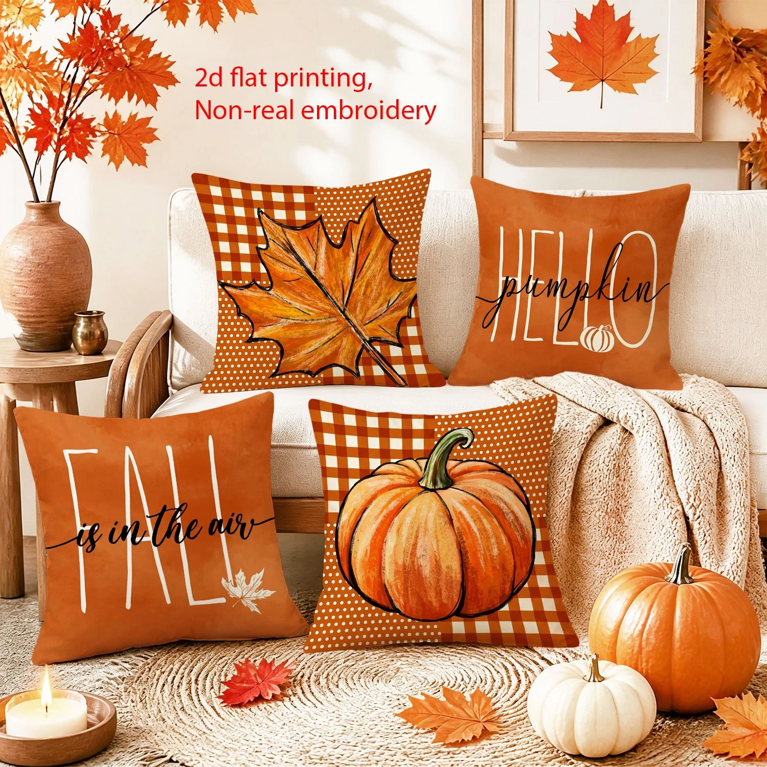 4PCS Fall Throw Pillow Covers, Rustic Farmhouse Pumpkin Maple Leaf Truck Decorative Cushion Cases for Sofa Couch Bed