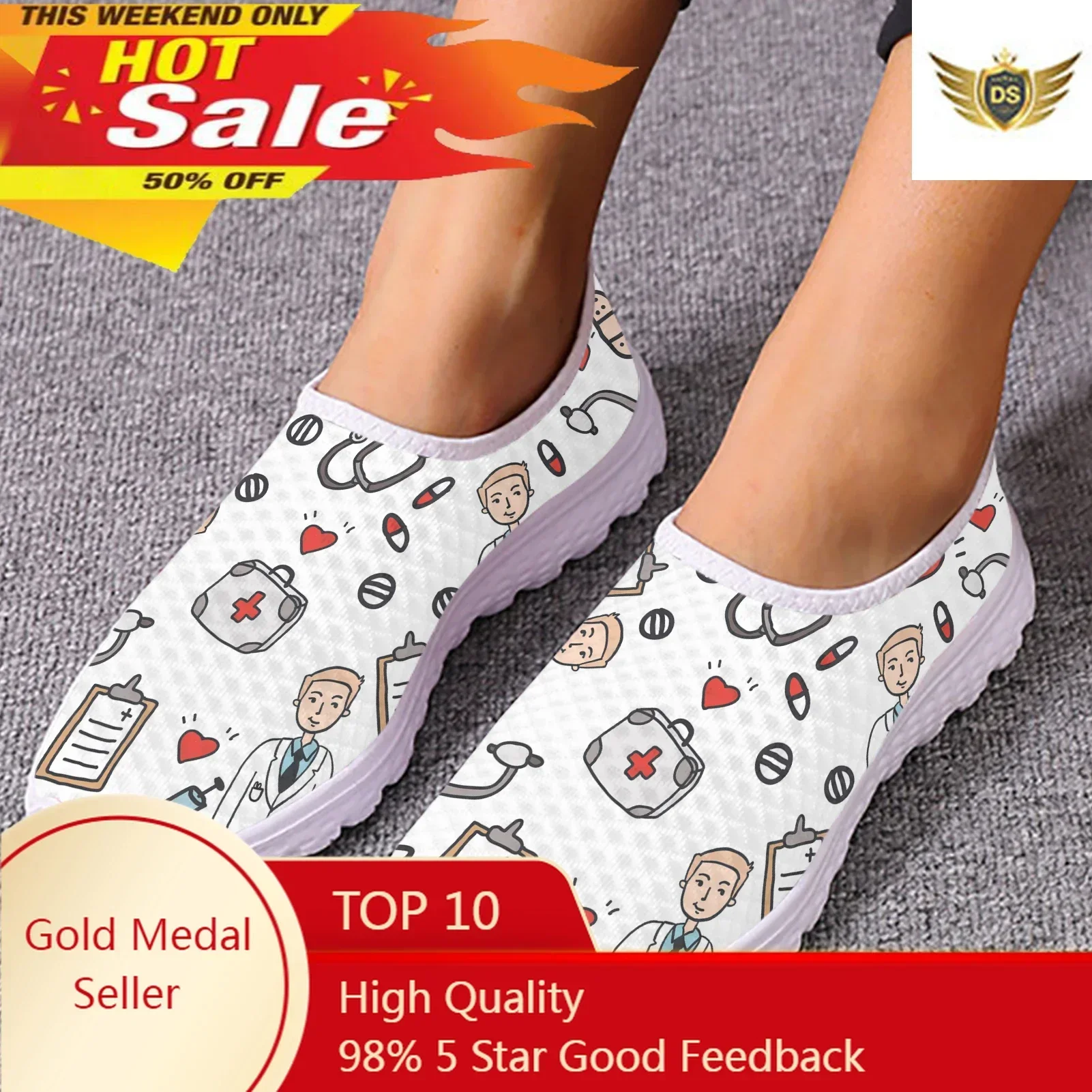 

White Doctor Design Slip On Shoes Lightweight Medical Printing Sneakers Soft Soled Shoes For Summer Casual Shoes
