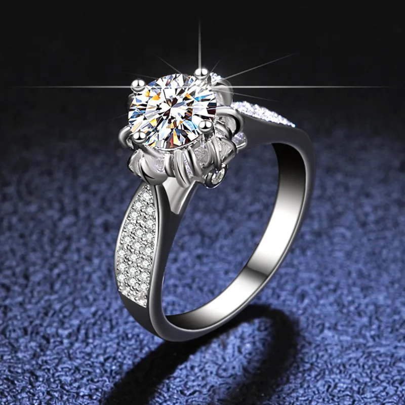 ShinyGold Women's 1 Carat Moissanite Ring - PT950 Platinum 4-Prong Round Flower Head Cluster Setting, Diamond-Enhancing Luxur