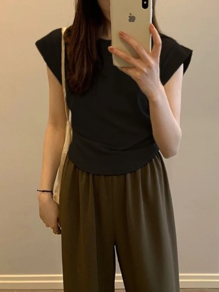 

2 Pcs Sets Women Sleeveelss Vintage T-shirts Wide Leg Trousers Pants Casual Simple Summer Daily All-match Lady Streetwear Mujer