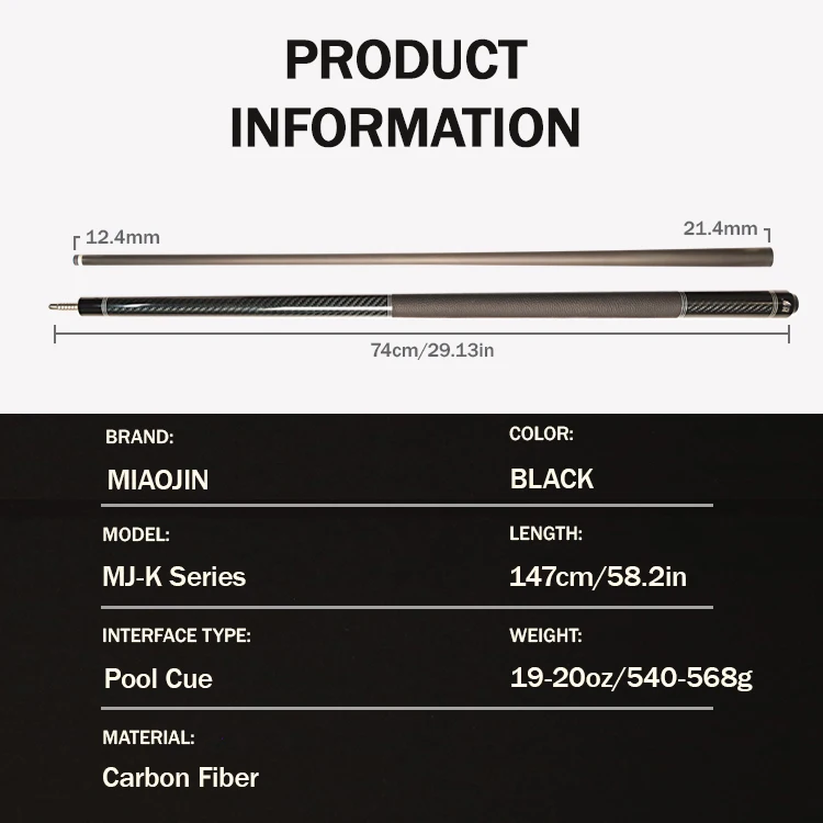 3K Carbon Fiber High Quality Pool Cue 12.4mm Stainless Steel Joint 19oz 2-piece Professional Comfortable Grip Accurate Shots