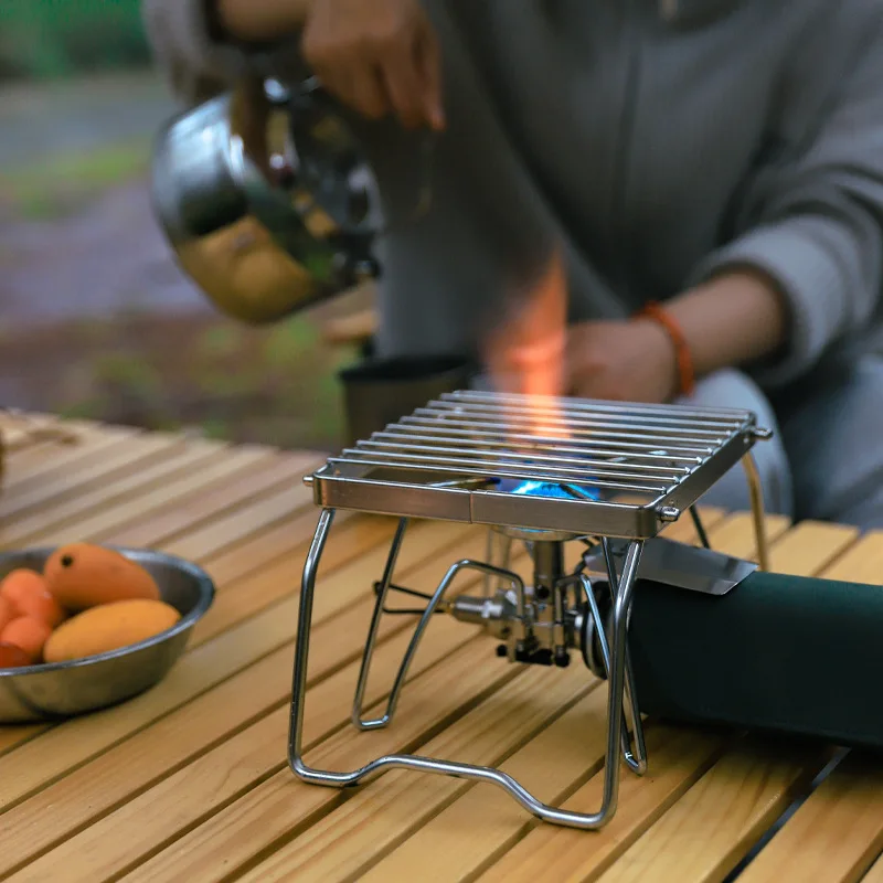 Outdoor camping stainless steel stove frame striped folding portable mini barbecue rack set pot rack baking tray kettle rack