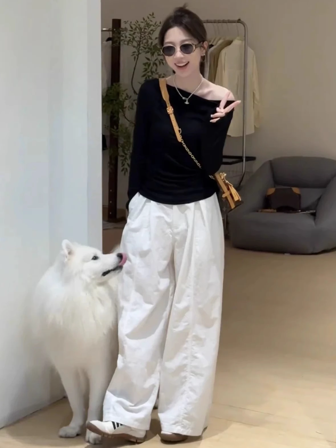 

Early Autumn Fashion Korean Style Women's Long Sleeve T-Shirt High Waist Wide Leg Pants Two-Piece Set Breathable Polyester