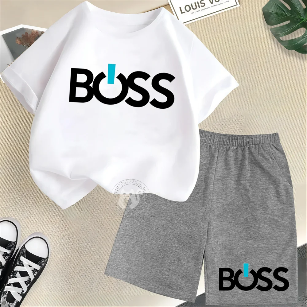 Kids Summer 100% cotton Short sleeve T-shirt + Shorts Simple letter BOSS Print Teen boys Girls street casual suit top