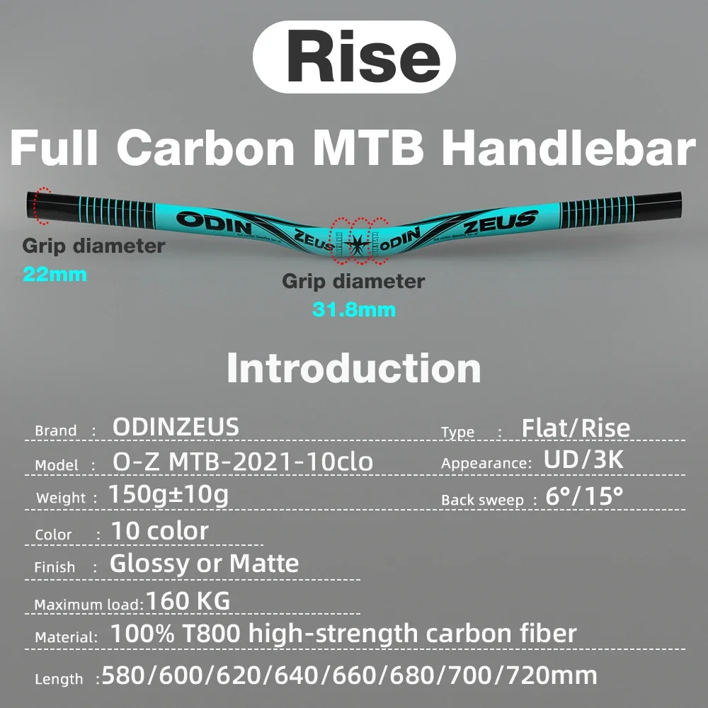 ODINZEUS-XC Full Carbon Mountain Bicycle Handlebar, New Style, 10 Color, Flat, Rise Clamp, 31.8mm, 35mm, 580-740mm