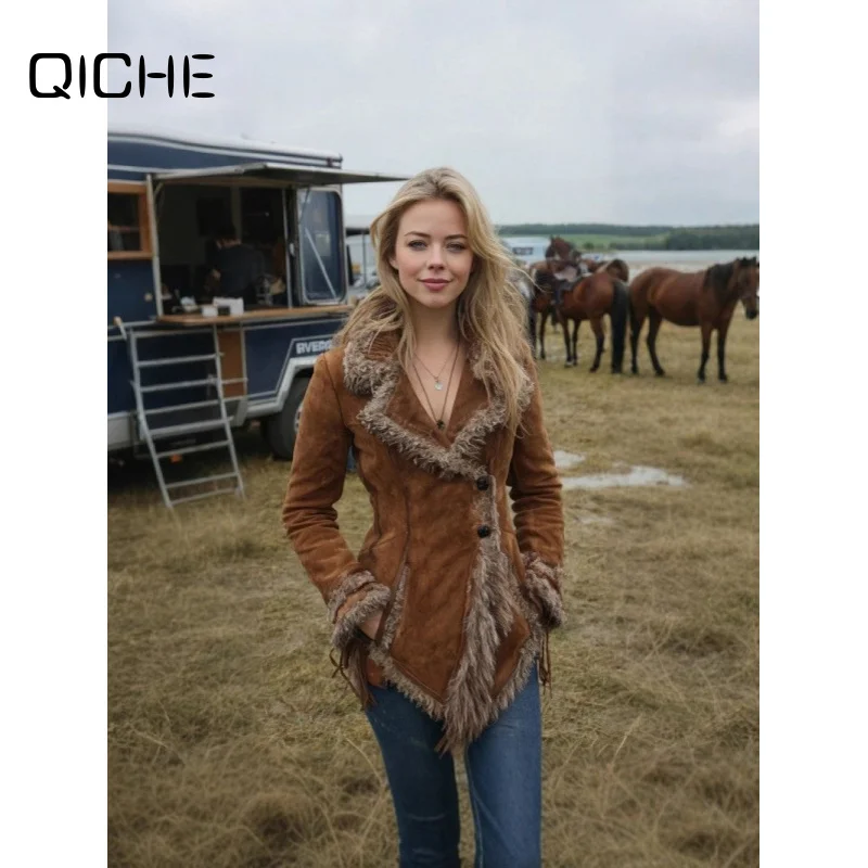 QICHE 2026 Women Vintage Suede Jacket, Faux Fur Trim Lapel Fringed Asymmetric Coat, Retro Distressed Style Outerwear